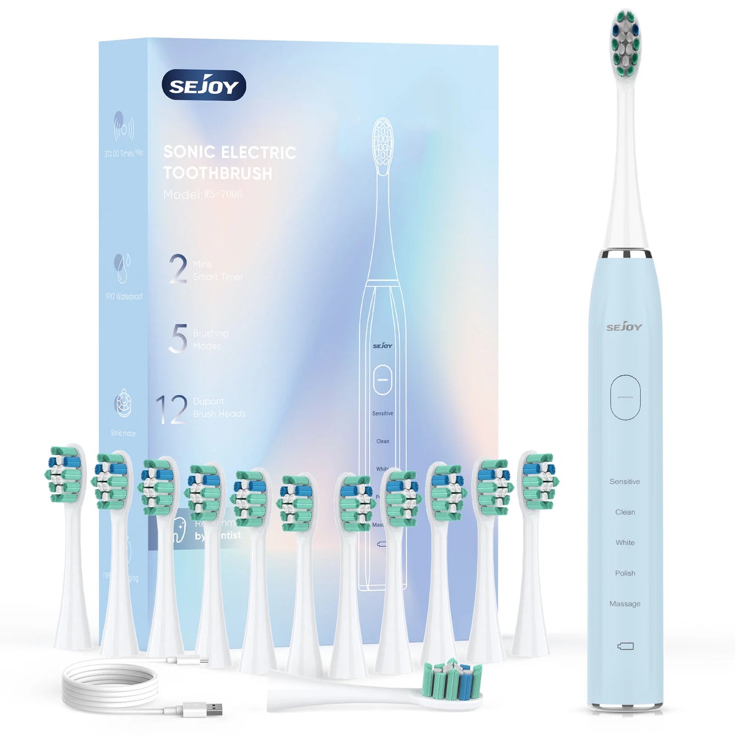 Sejoy Sonic Electric Toothbrush with 12 Brush Heads