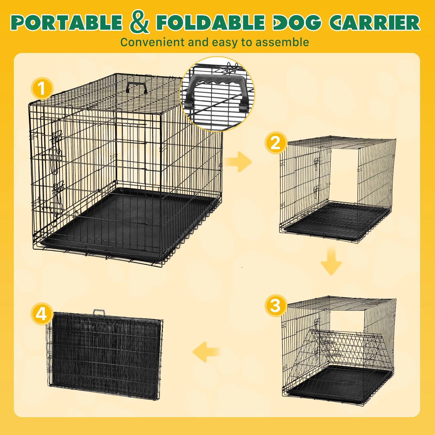 Double Door Folding Metal Wire Dog Cage for Pets and Travel