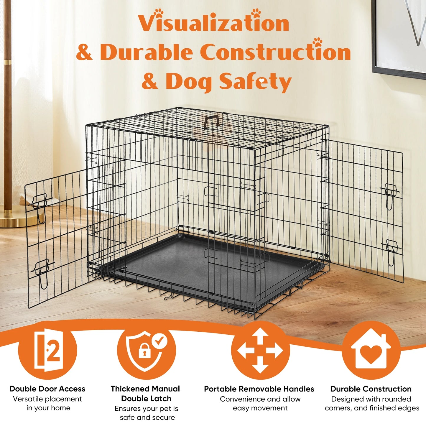 Double Door Folding Metal Wire Dog Cage for Pets and Travel