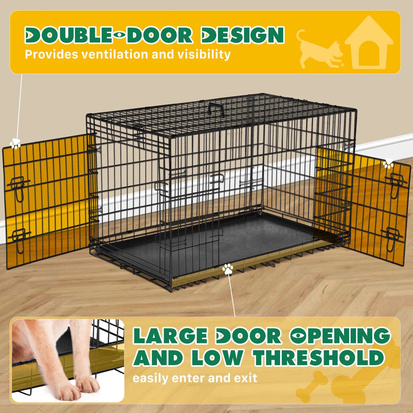 Double Door Folding Metal Wire Dog Cage for Pets and Travel