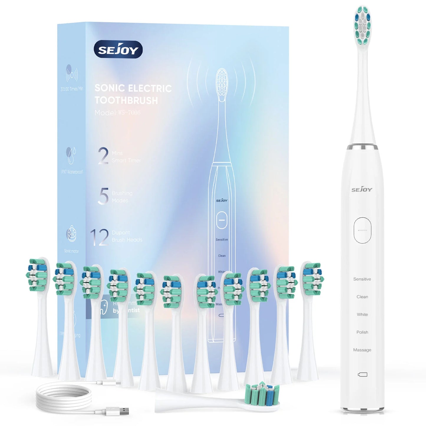 Sejoy Sonic Electric Toothbrush with 12 Brush Heads