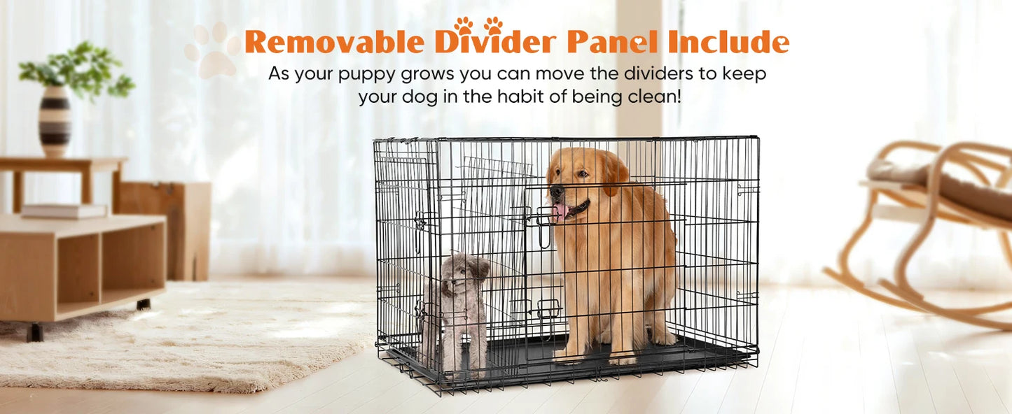 Double Door Folding Metal Wire Dog Cage for Pets and Travel