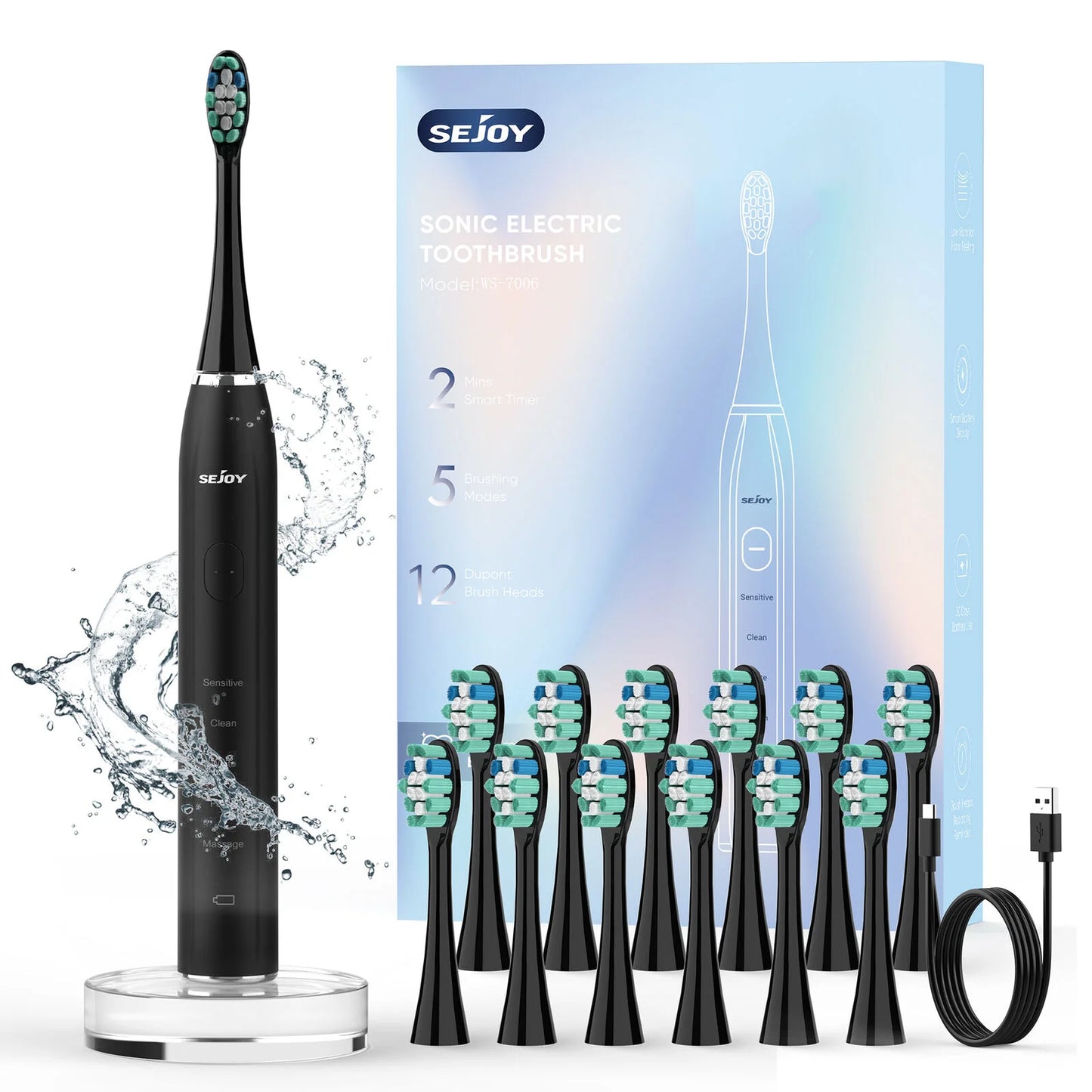 Sejoy Sonic Electric Toothbrush with 12 Brush Heads