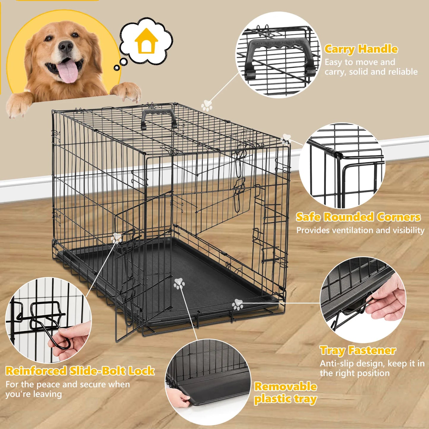 Double Door Folding Metal Wire Dog Cage for Pets and Travel