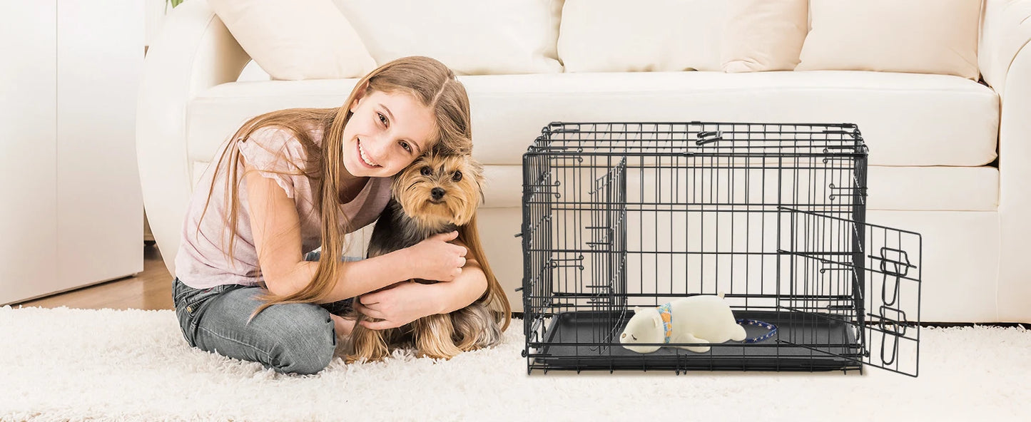 Double Door Folding Metal Wire Dog Cage for Pets and Travel