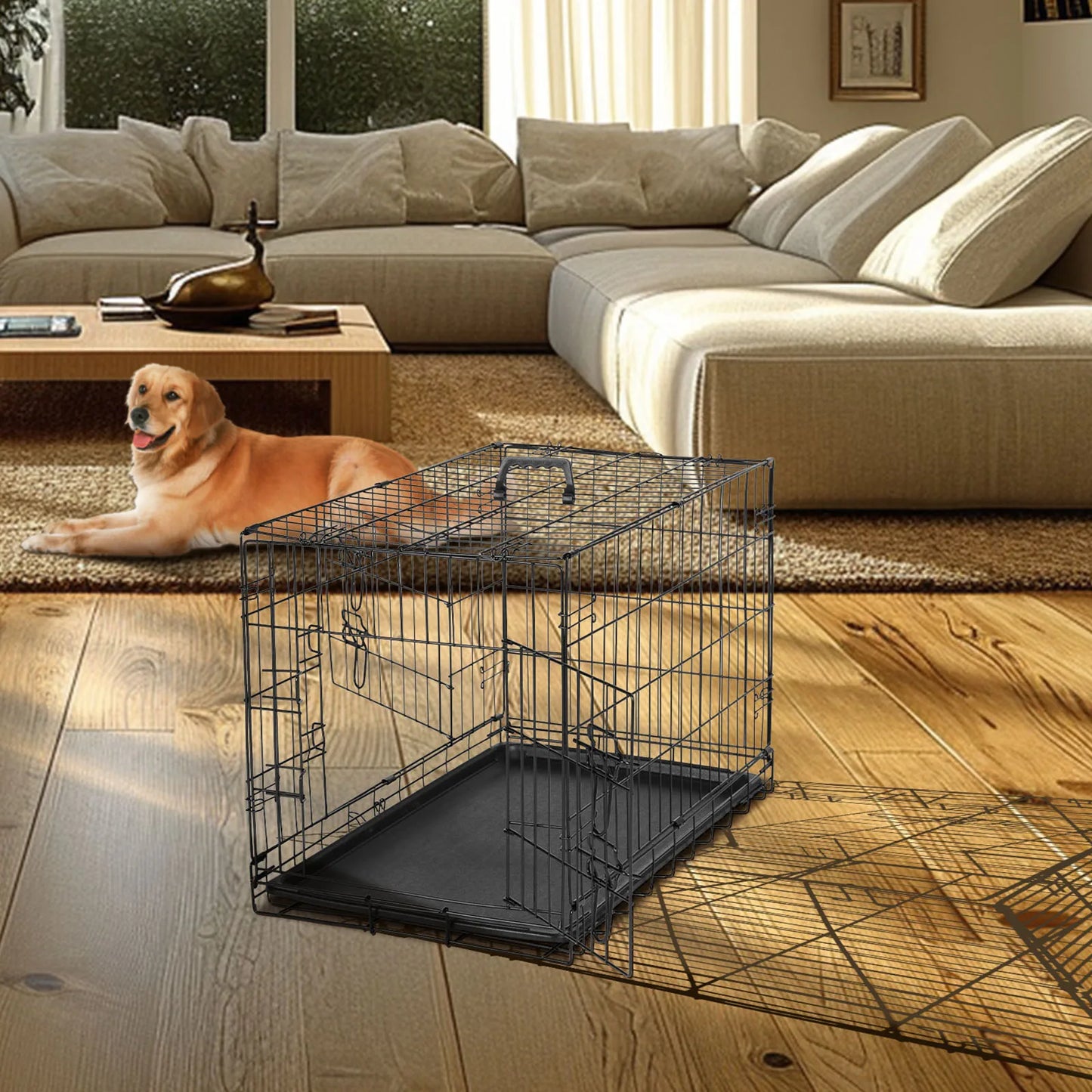 Double Door Folding Metal Wire Dog Cage for Pets and Travel